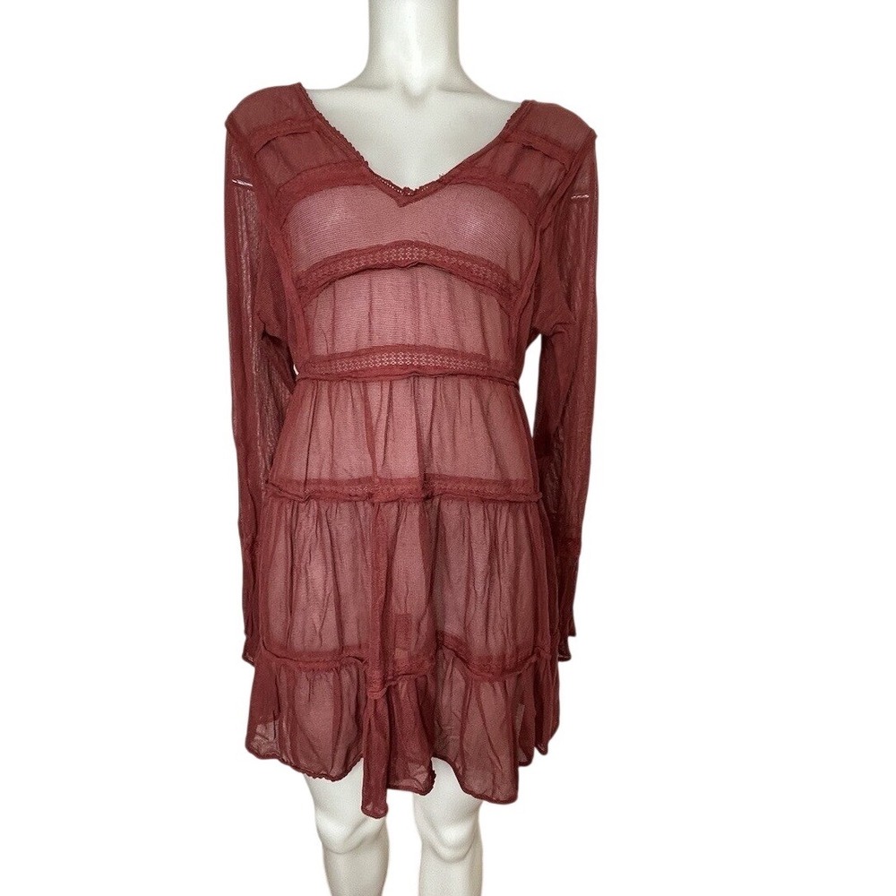 Free People Mesh Tiered Dress SZ S Berlin Maroon  Long Sleeves  (No Slip